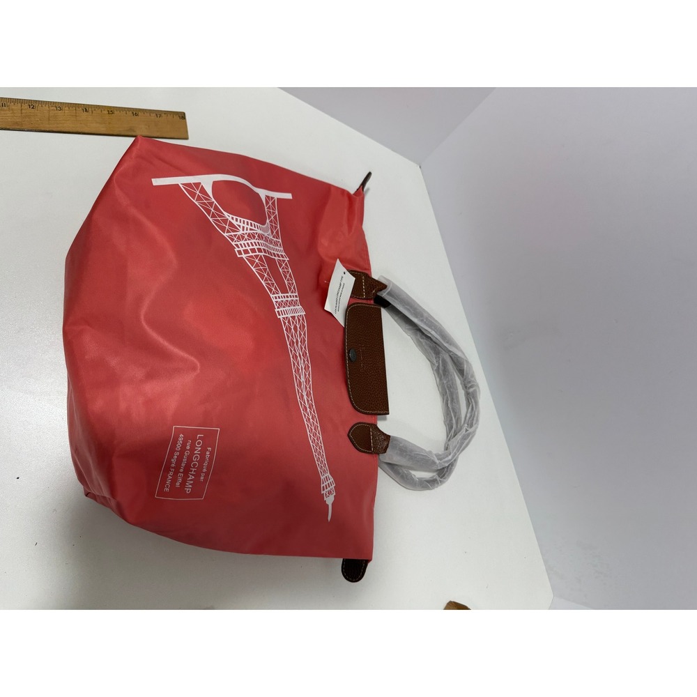 NWT Longchamp Coral orange red,brown Le Pliage Tote bag.Ltd Edition Eiffel Tower - Picture 10 of 14